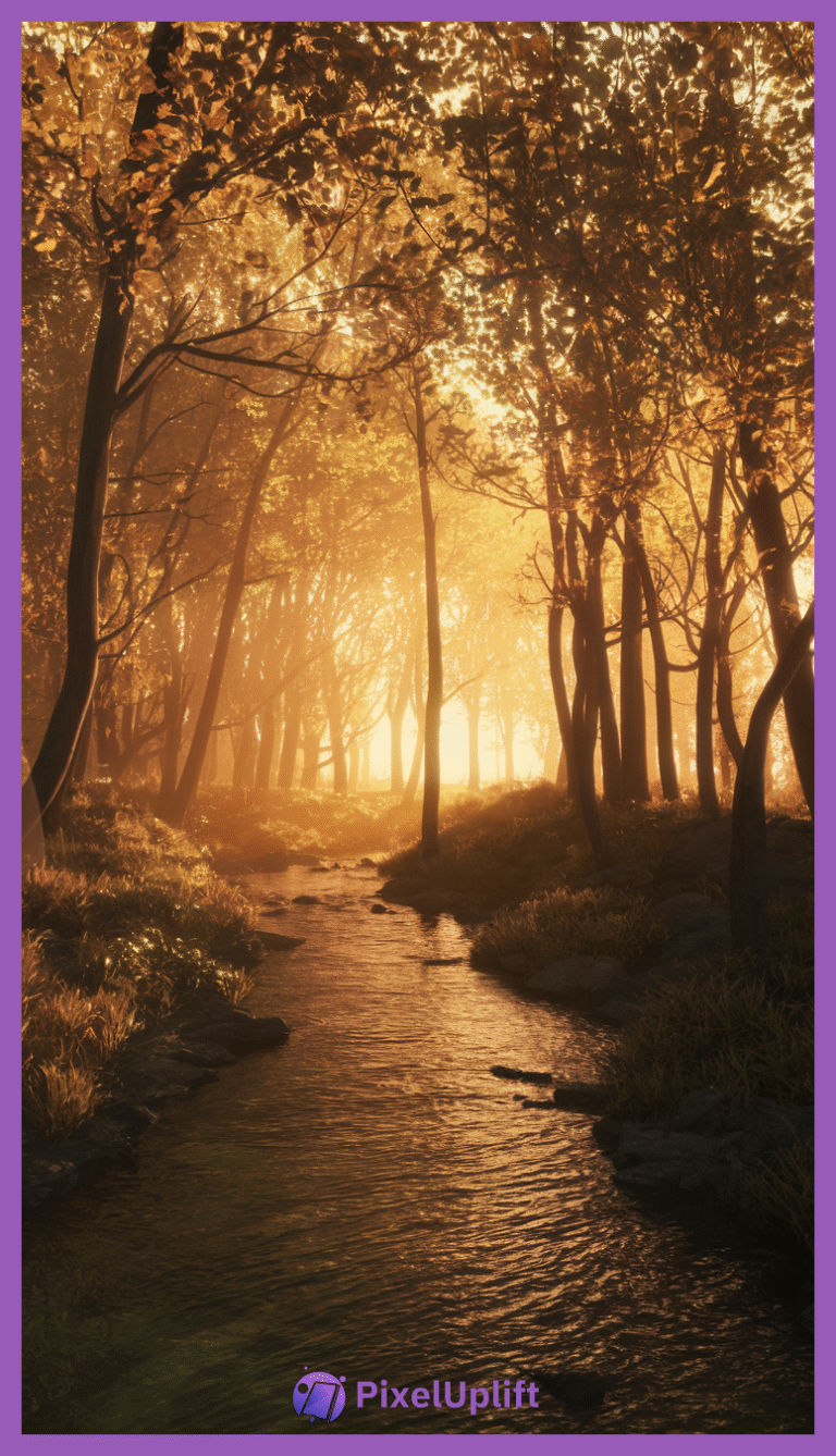 Serene forest lockscreen wallpaper featuring tall trees with orange and yellow leaves beside a gently flowing stream illuminated by golden sunlight