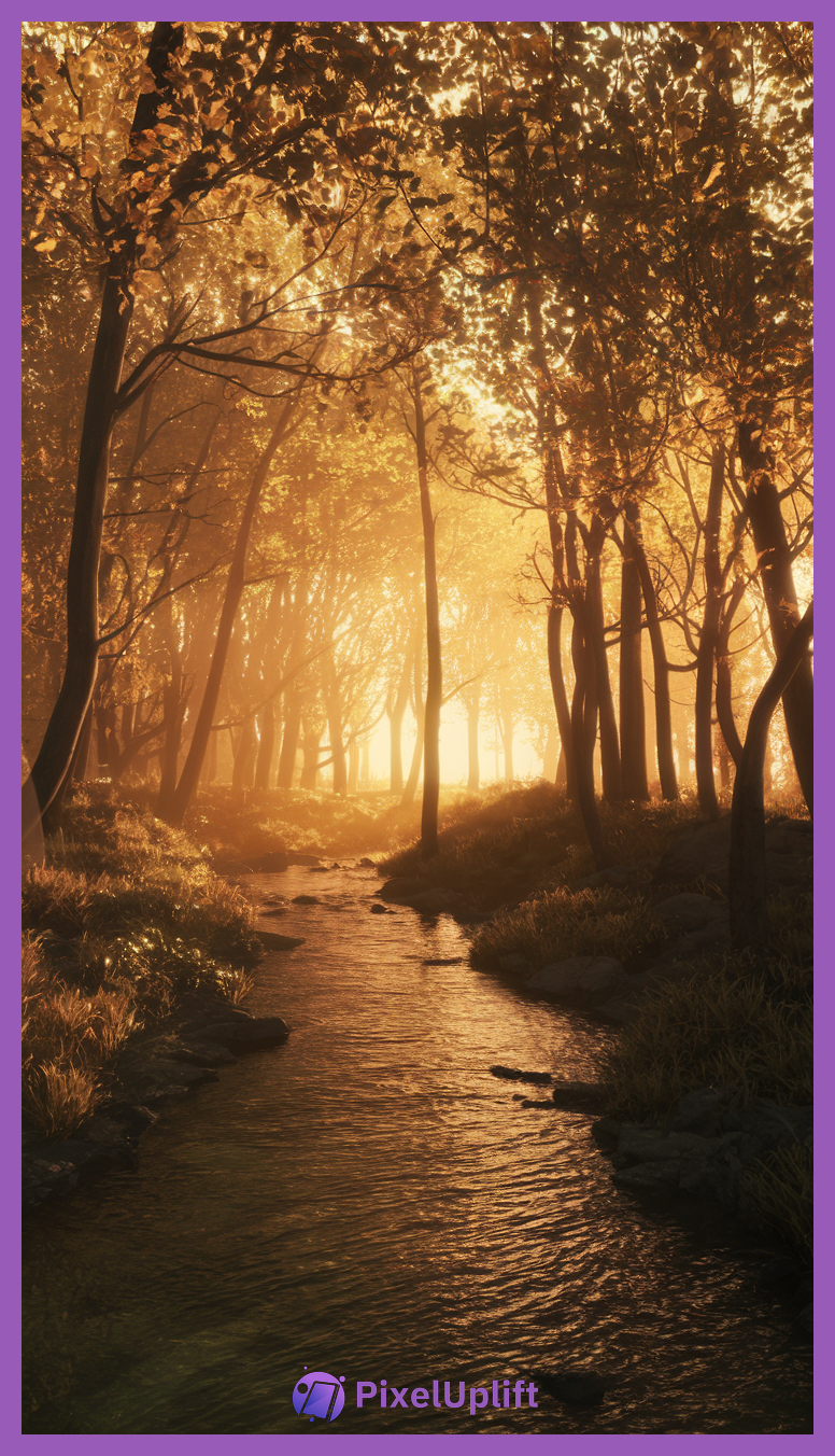 Serene forest lockscreen wallpaper featuring tall trees with orange and yellow leaves beside a gently flowing stream illuminated by golden sunlight