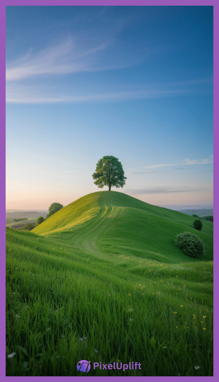 Serene phone wallpaper lockscreen featuring a single hill with a lush green tree under a clear sky with soft sunlight