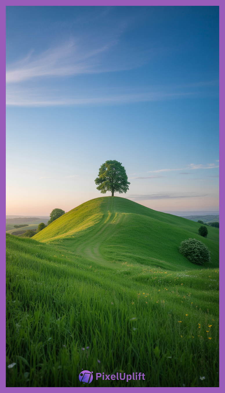 Serene phone wallpaper lockscreen featuring a single hill with a lush green tree under a clear sky with soft sunlight