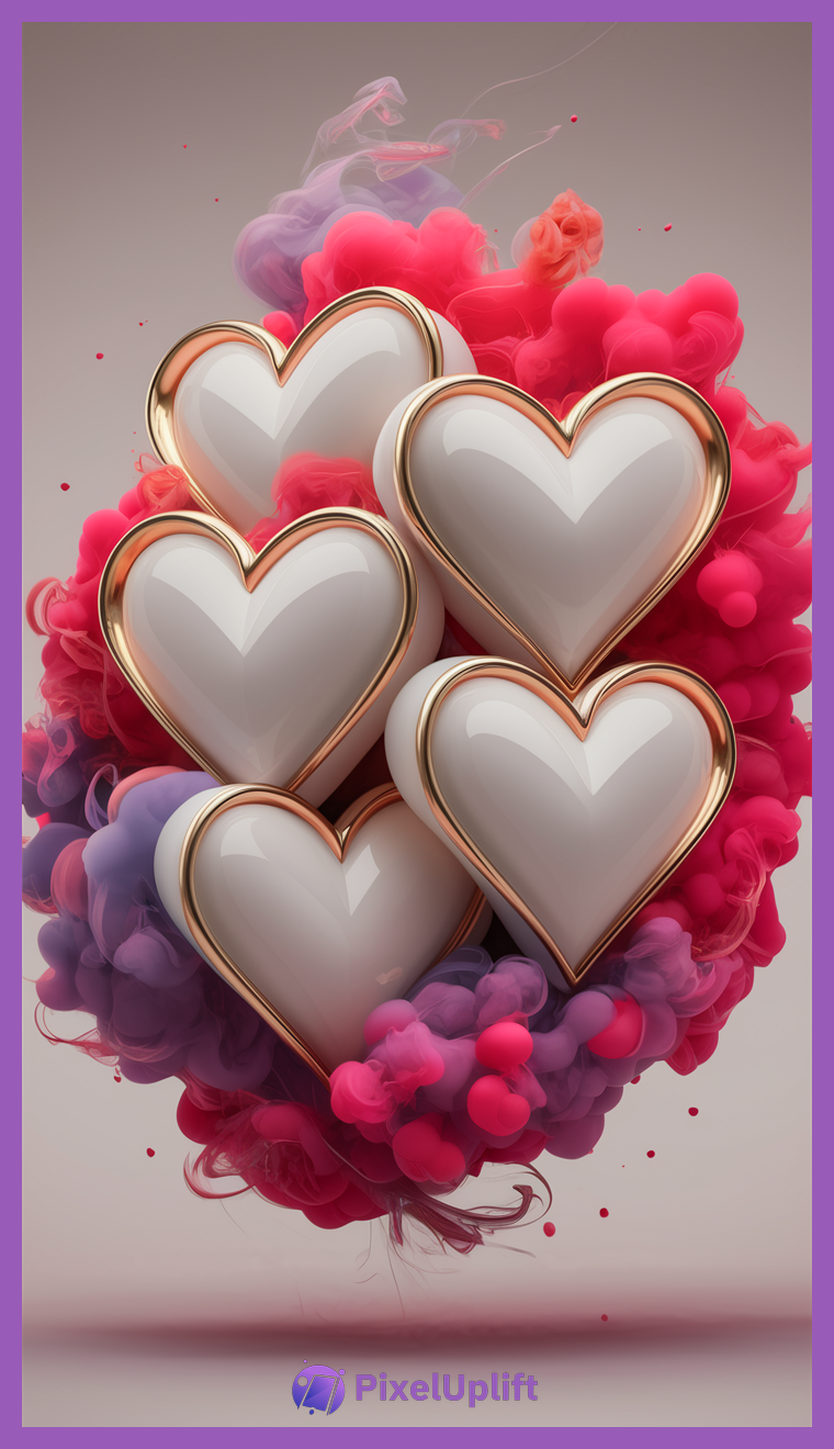 Phone wallpaper lockscreen with five shiny white hearts bordered in metallic gold surrounded by vibrant red, pink, and purple colorful smoke on a light grey gradient background
