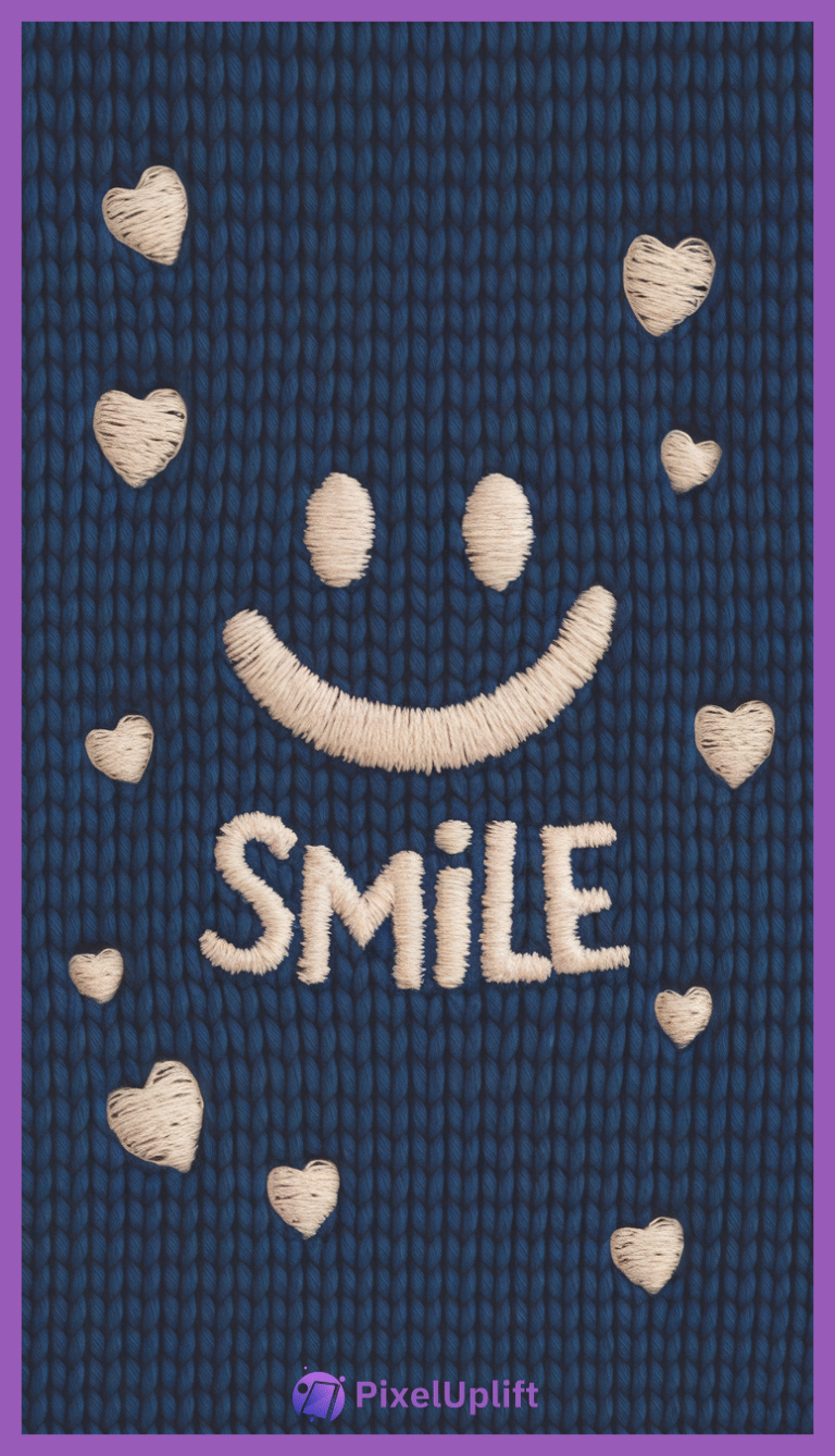 Knitted dark blue fabric phone wallpaper with embroidered beige smiley face and hearts
