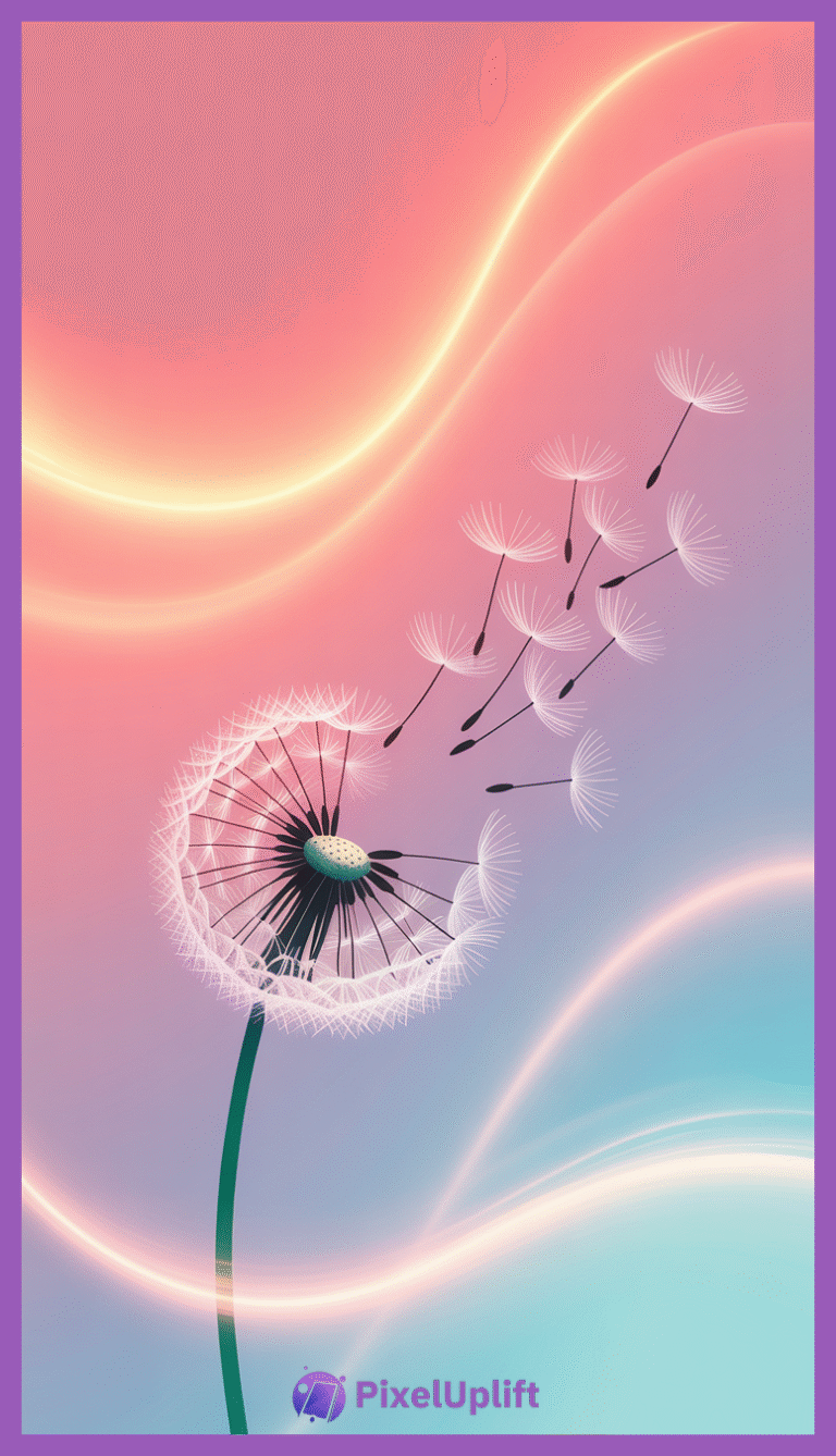 Stylized dandelion with seeds blowing in the wind on a soft gradient background transitioning from warm pinks and purples to cool blues and teals