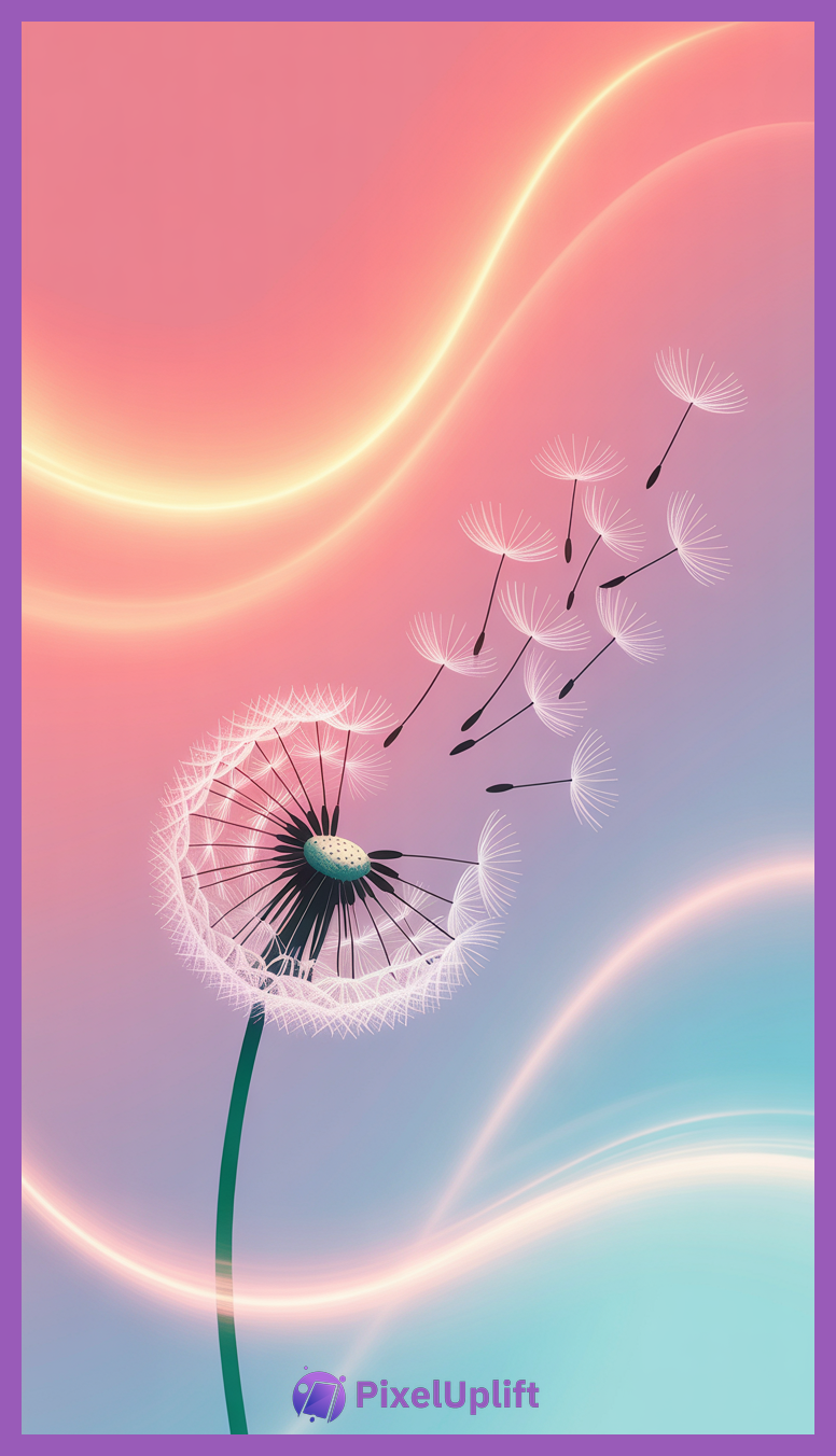 Stylized dandelion with seeds blowing in the wind on a soft gradient background transitioning from warm pinks and purples to cool blues and teals