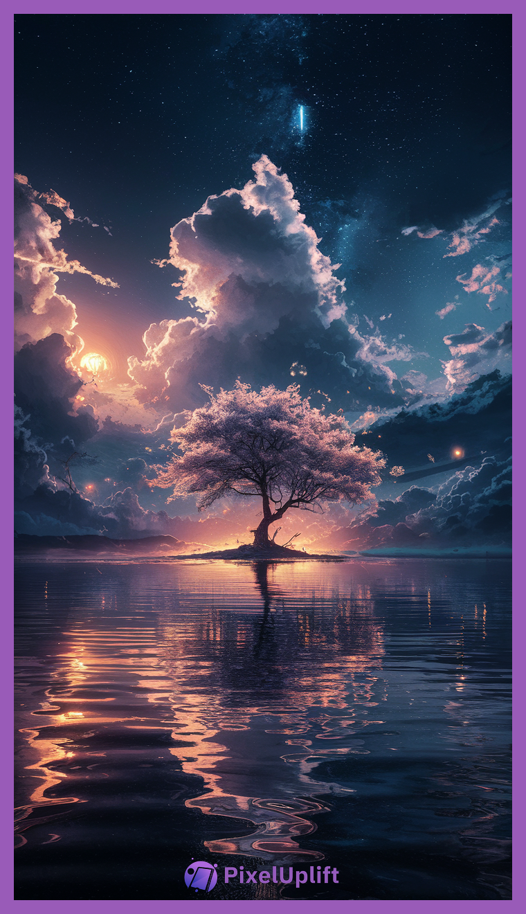Surreal cherry blossom tree on small island with calm water reflecting a glowing sunset sky with stars and shooting star