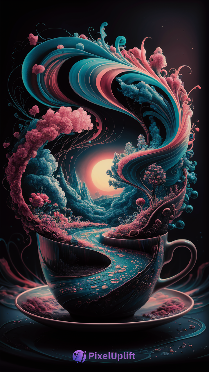 Surreal phone wallpaper lockscreen featuring a tea cup merging into a vibrant nature landscape with swirling trees and glowing sun