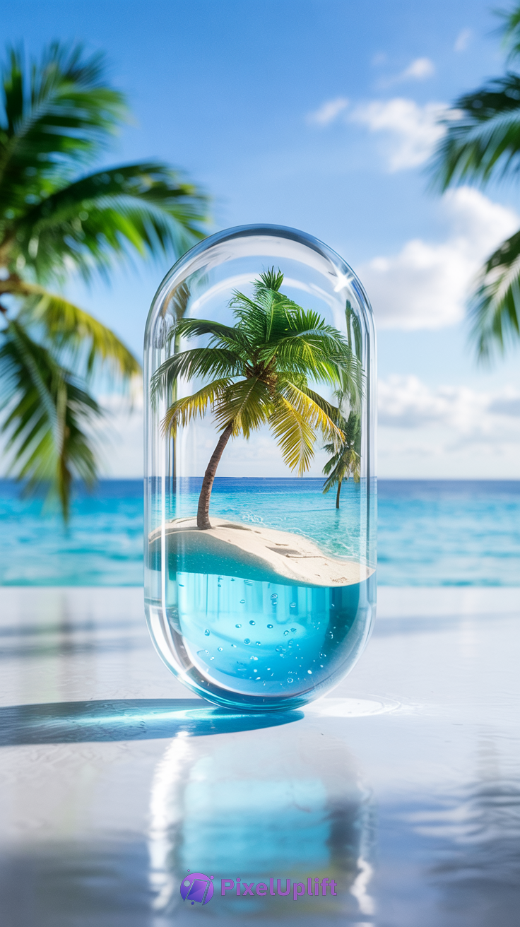 Surreal tropical island with a palm tree inside a transparent capsule on a reflective surface with a beach and ocean background