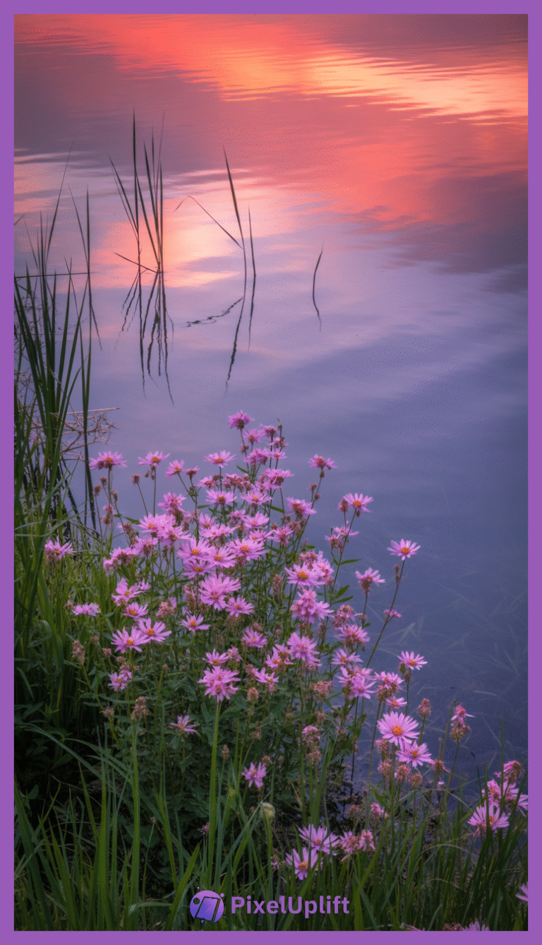 Tranquil lakeside sunset phone wallpaper with pink wildflowers and colorful sky reflection on calm water