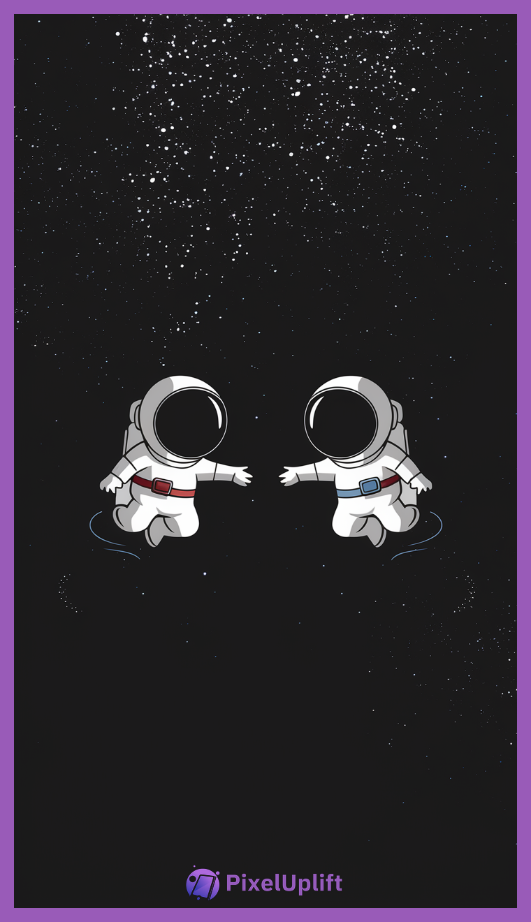 Digital illustration of two cartoon astronauts floating in space with starry black background reaching out to each other