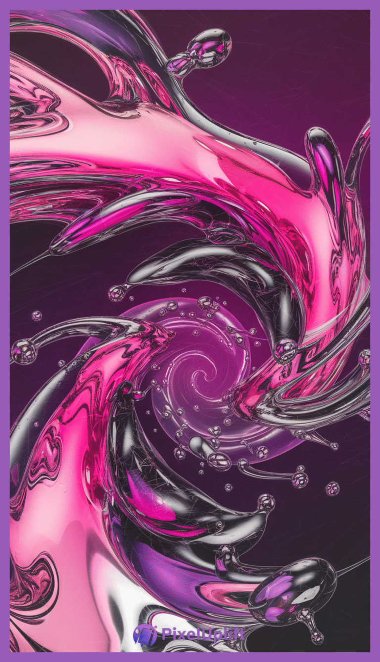 Vibrant abstract swirl of glossy pink, purple, and black liquid-like forms on a deep purple spiral background phone wallpaper lockscreen