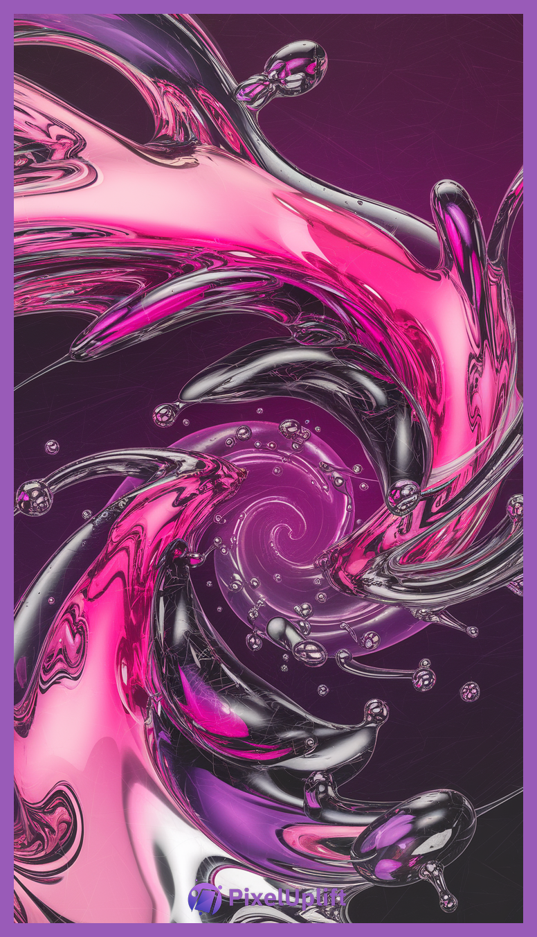 Vibrant abstract swirl of glossy pink, purple, and black liquid-like forms on a deep purple spiral background phone wallpaper lockscreen