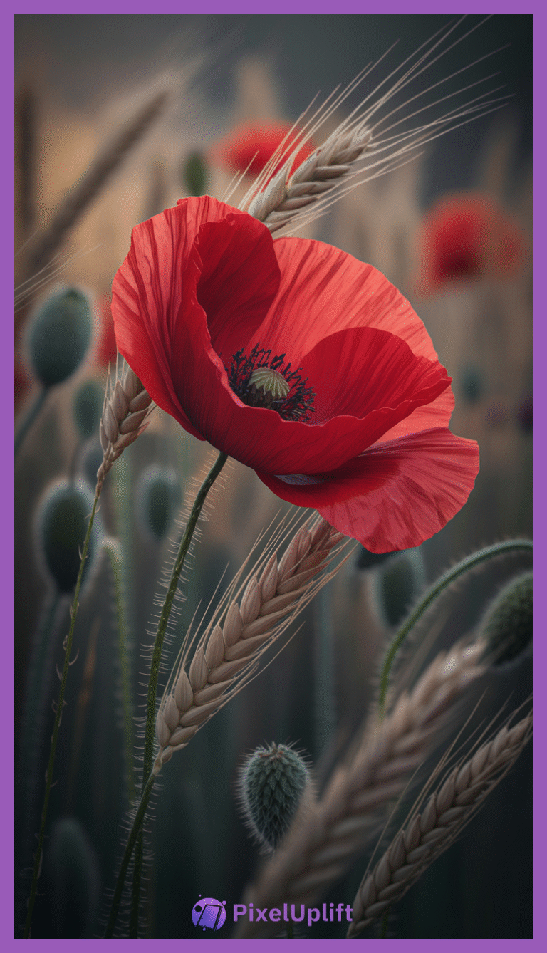 Vibrant red poppy flower in full bloom surrounded by wheat stalks on a softly blurred natural background