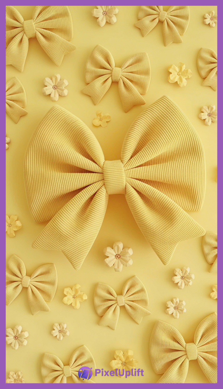 Yellow textured bows and fabric flowers arranged on a yellow background phone wallpaper lockscreen