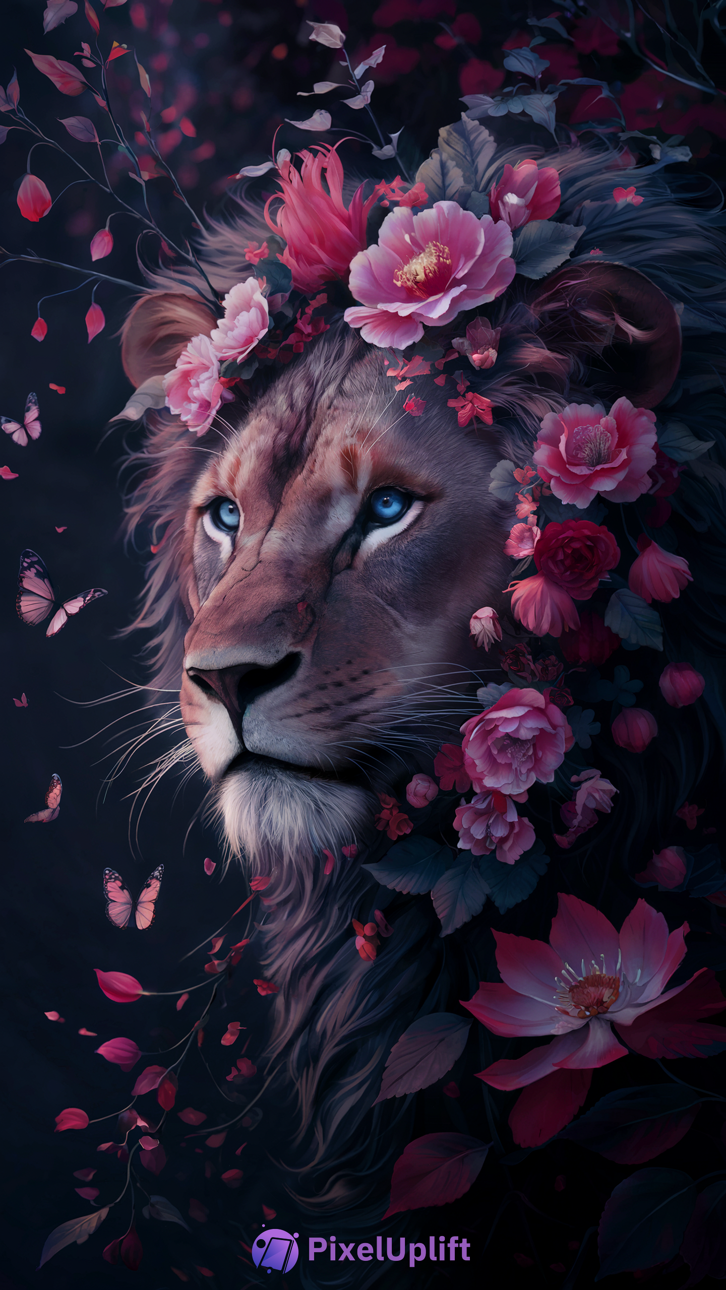Majestic lion with striking blue eyes and vibrant pink and red floral mane on a dark background with soft pink butterflies