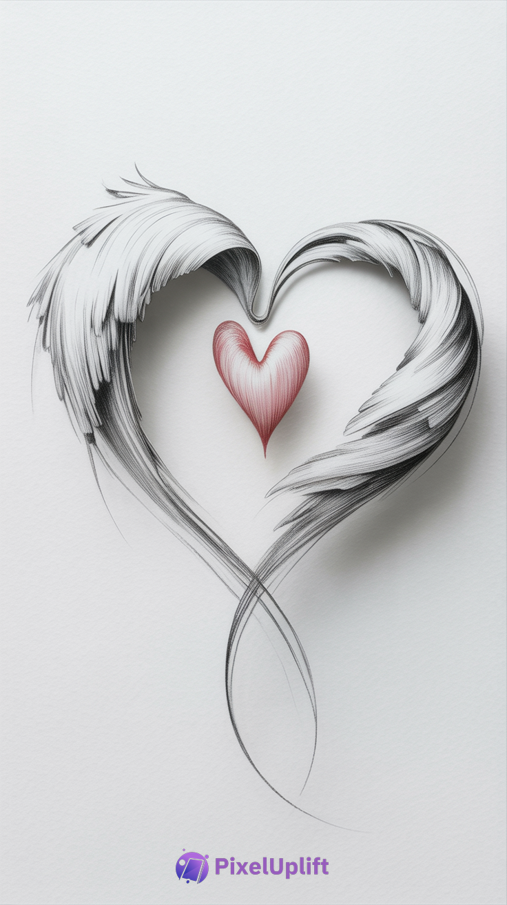 Minimalist black and gray feather-stroke large heart with a textured red small heart inside on white background phone wallpaper