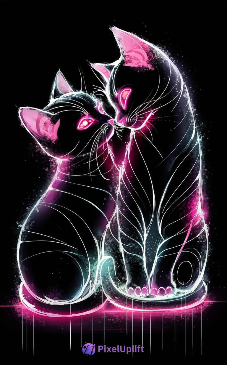 Neon glowing digital artwork of two stylized cats touching noses on black background