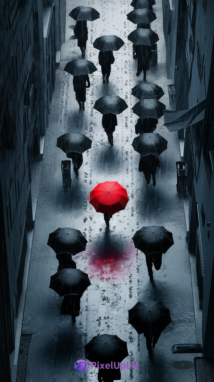Rainy urban alleyway viewed from above with people holding umbrellas, one red umbrella standing out amid dark tones and wet pavement reflections