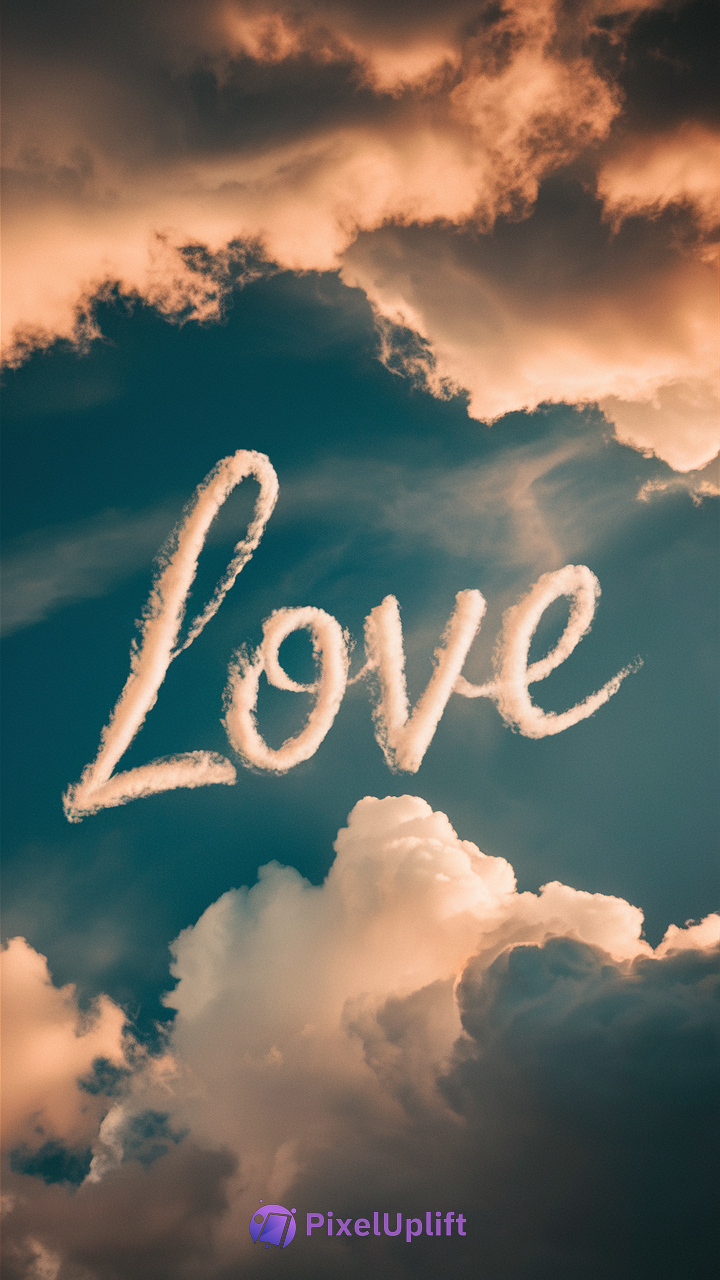 Serene sky scene with fluffy clouds forming the word Love in cloud-style font, warm sunlight tint