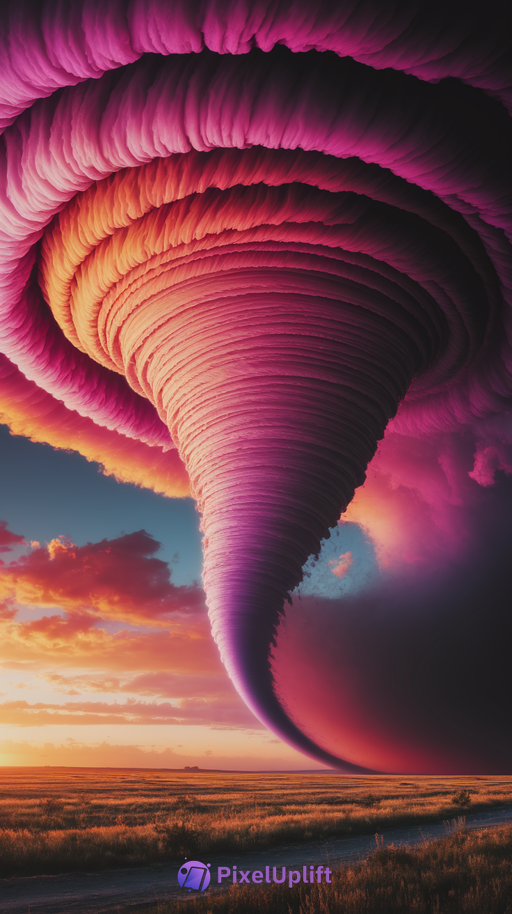 Surreal giant tornado in vibrant pink, purple, and orange shades against a warm sunset sky, perfect free phone wallpaper HD background