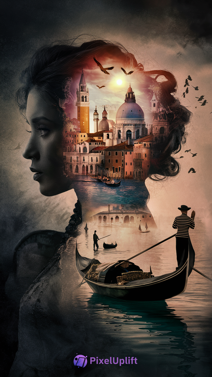 Surreal phone wallpaper of a woman's grayscale silhouette with vibrant Venice cityscape inside her profile at sunset with gondolas and golden glow