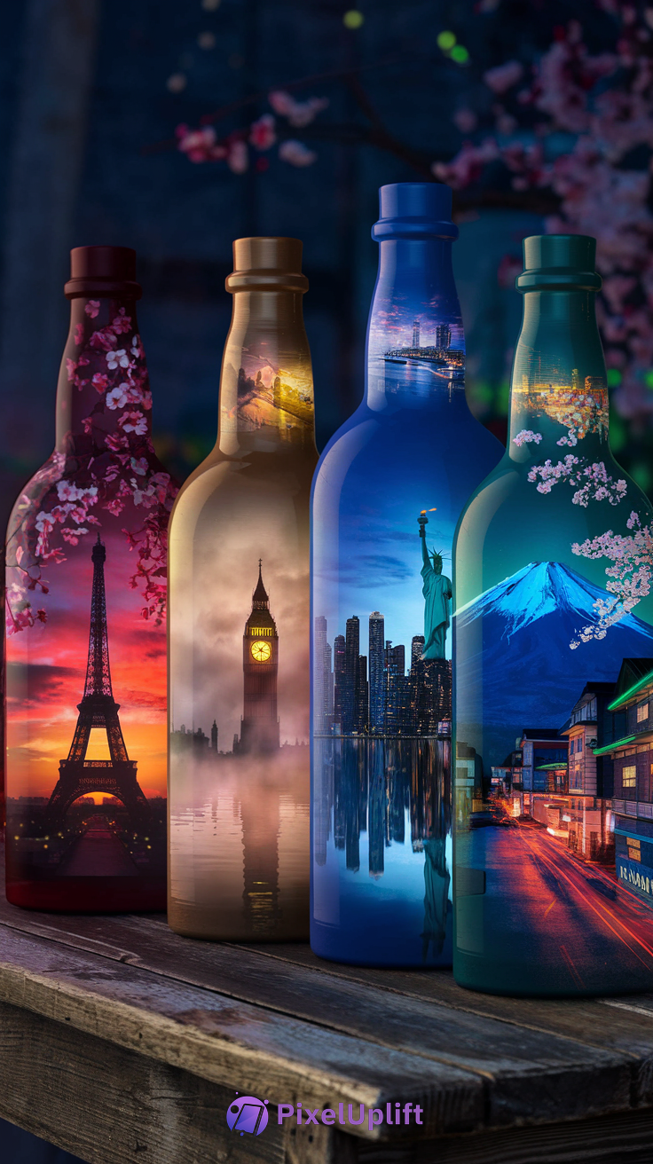 Artistic phone wallpaper showing four bottles with iconic world landmarks including Eiffel Tower, Big Ben, Statue of Liberty, and Mount Fuji on a dark wooden surface