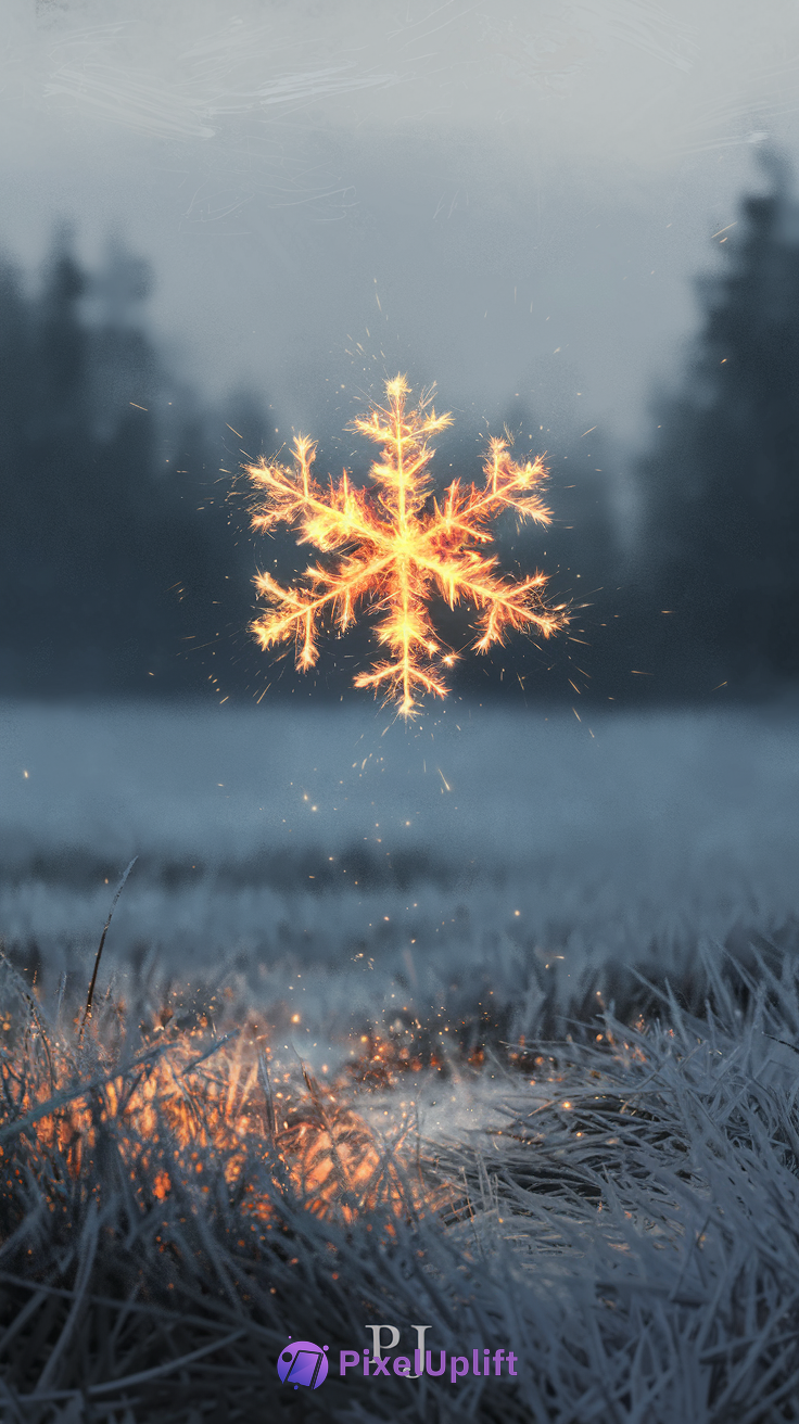 Glowing fiery snowflake above frosty grass with warm orange sparks against cold blue-gray icy background