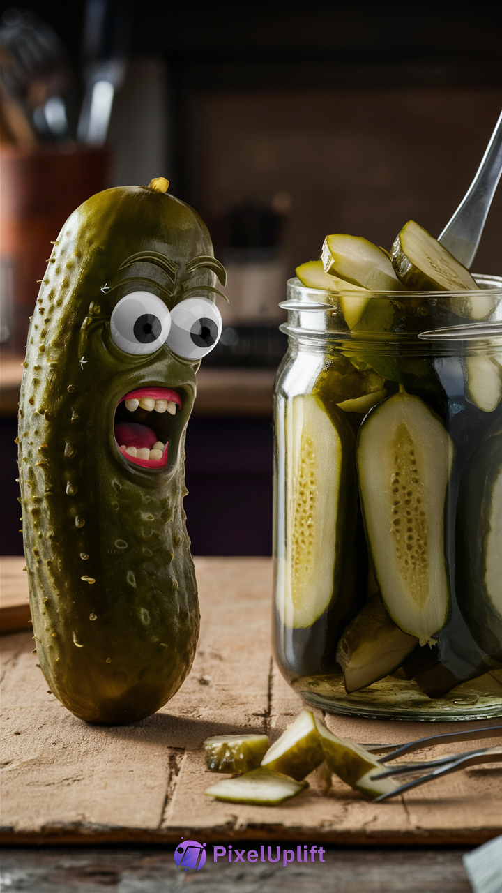 Funny surprised pickle cartoon with exaggerated facial features on wooden surface next to jar of sliced pickles phone wallpaper