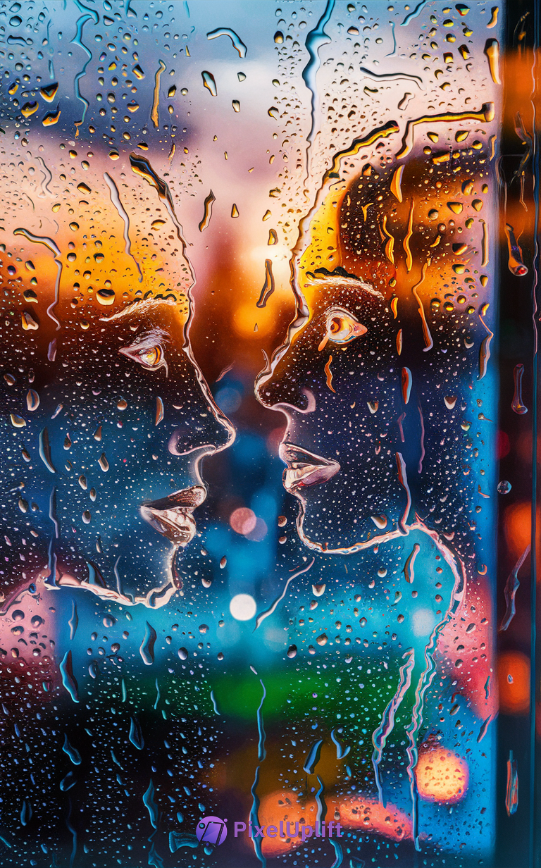 Phone wallpaper showing two human faces outlined by rain droplets on glass with a vibrant colorful blurred background