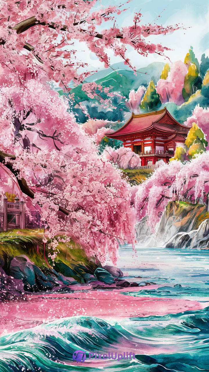 Serene Japanese cherry blossom landscape phone wallpaper with traditional temple and flowing water