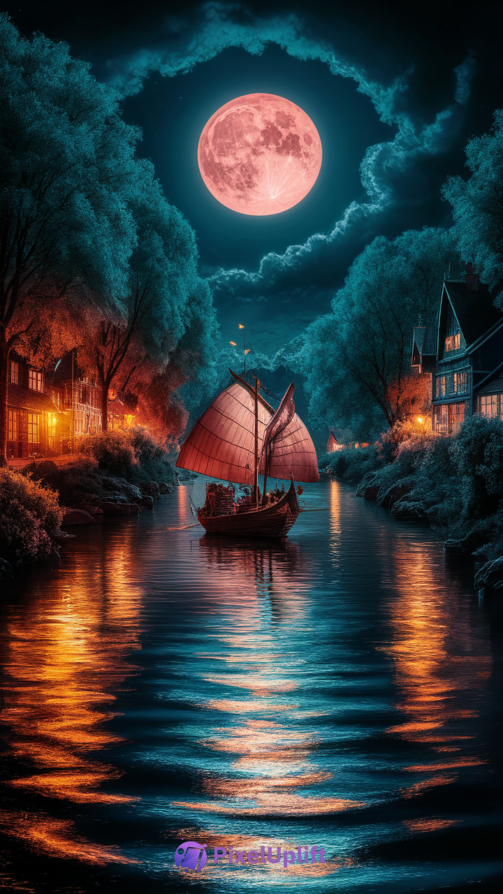Serene nighttime phone wallpaper showing a sailboat floating on a river with glowing orange trees and a bright reddish-pink moon