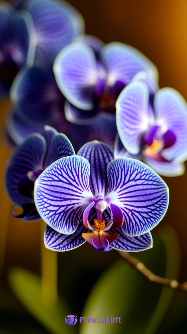 Close-up of vibrant purple orchids with white and dark purple patterns and yellow center on a softly blurred warm background