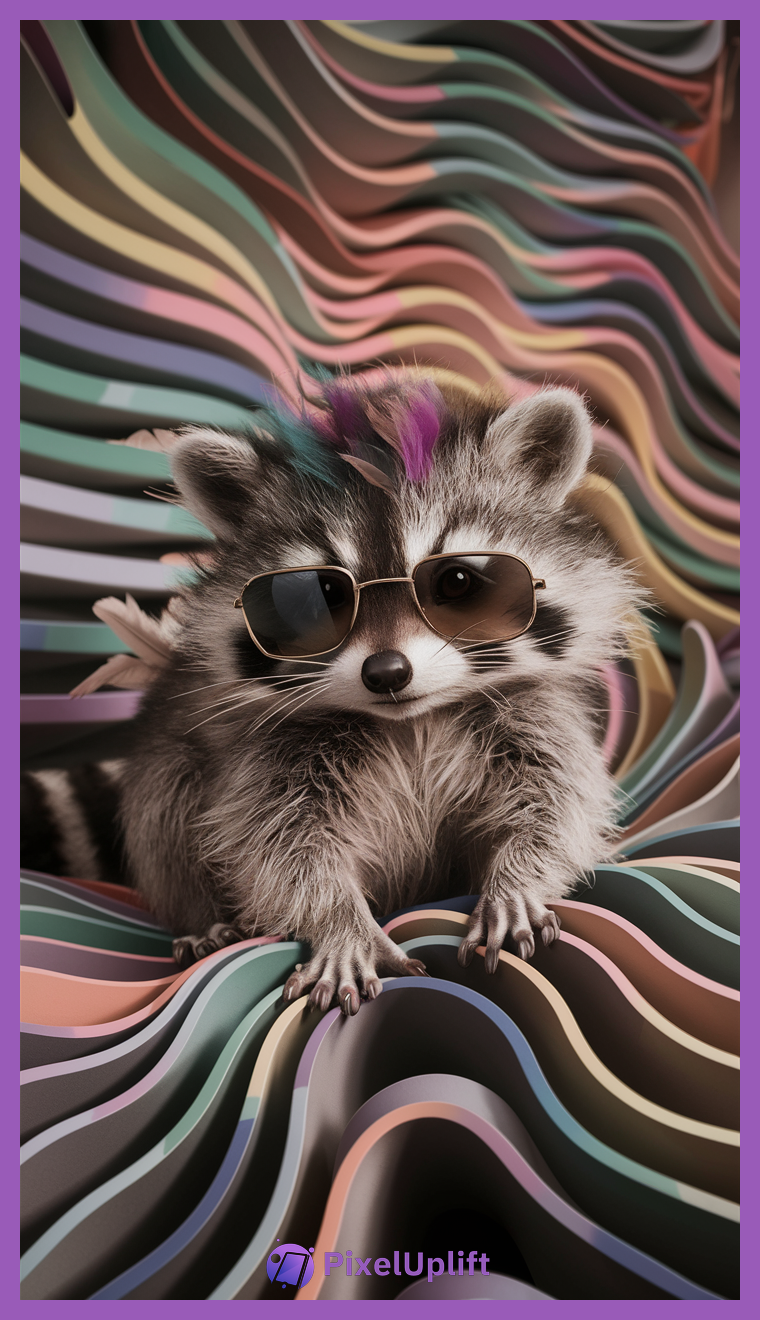 Funky raccoon wearing aviator sunglasses with colorful feathers and patches on wavy pastel layered background