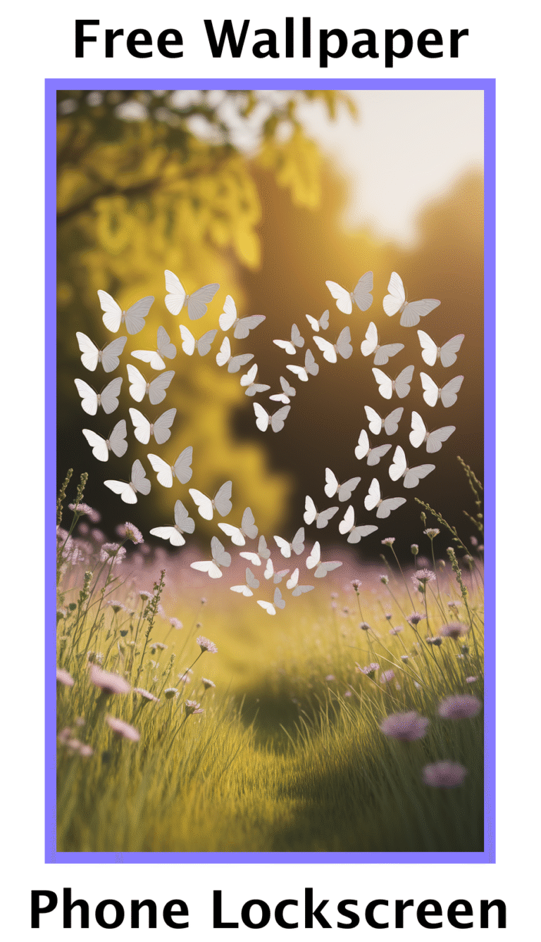 Serene sunlit meadow with tall grass, pink flowers, and white butterflies forming a heart shape on phone wallpaper lockscreen