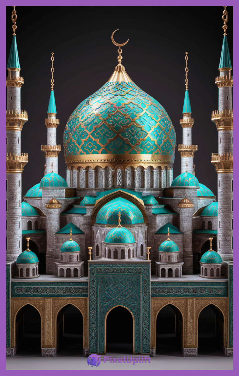 Intricate mosque architectural model with turquoise and gold domes and minarets on a dark background