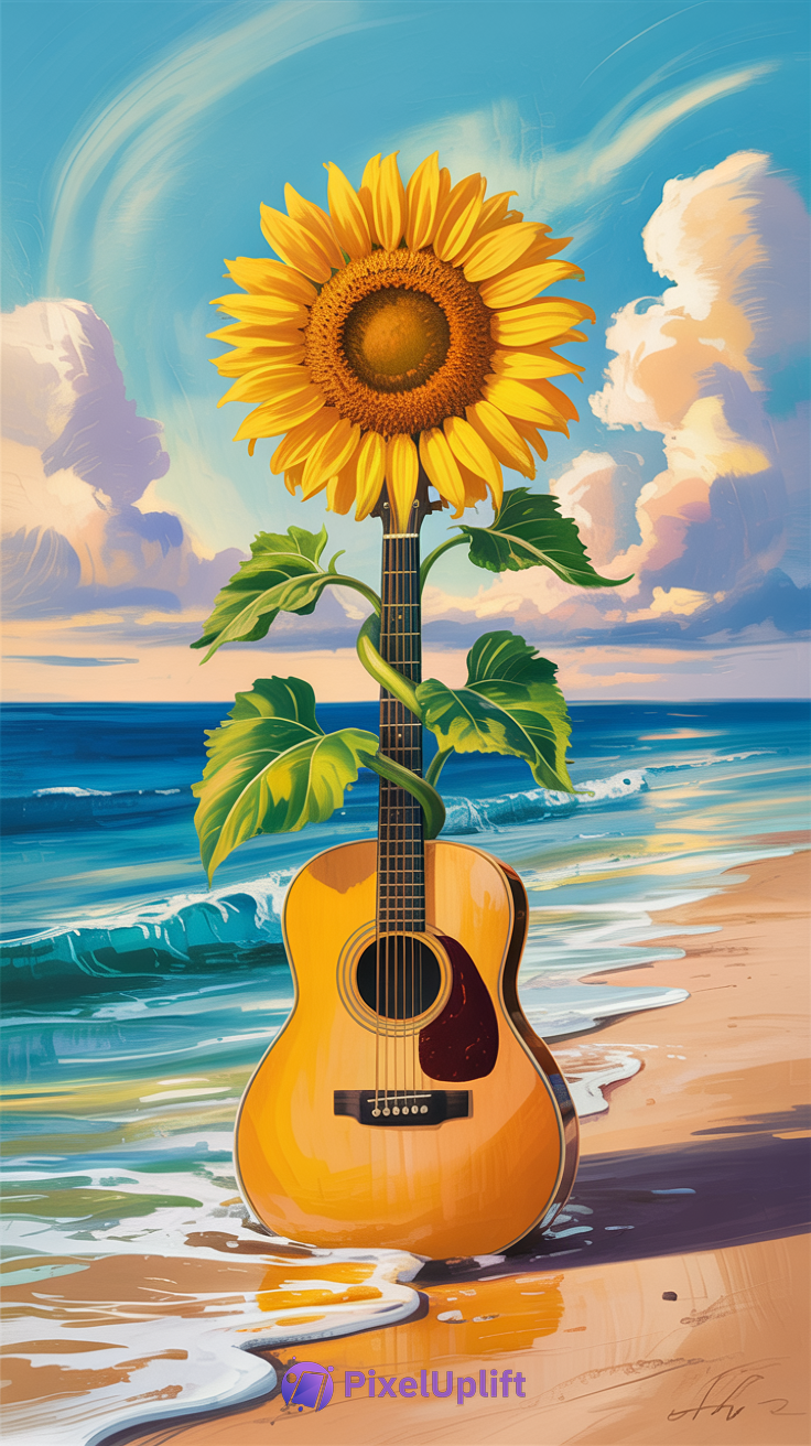 Surreal sunflower blooming on the neck of an acoustic guitar resting on sandy beach with ocean waves and pastel sky