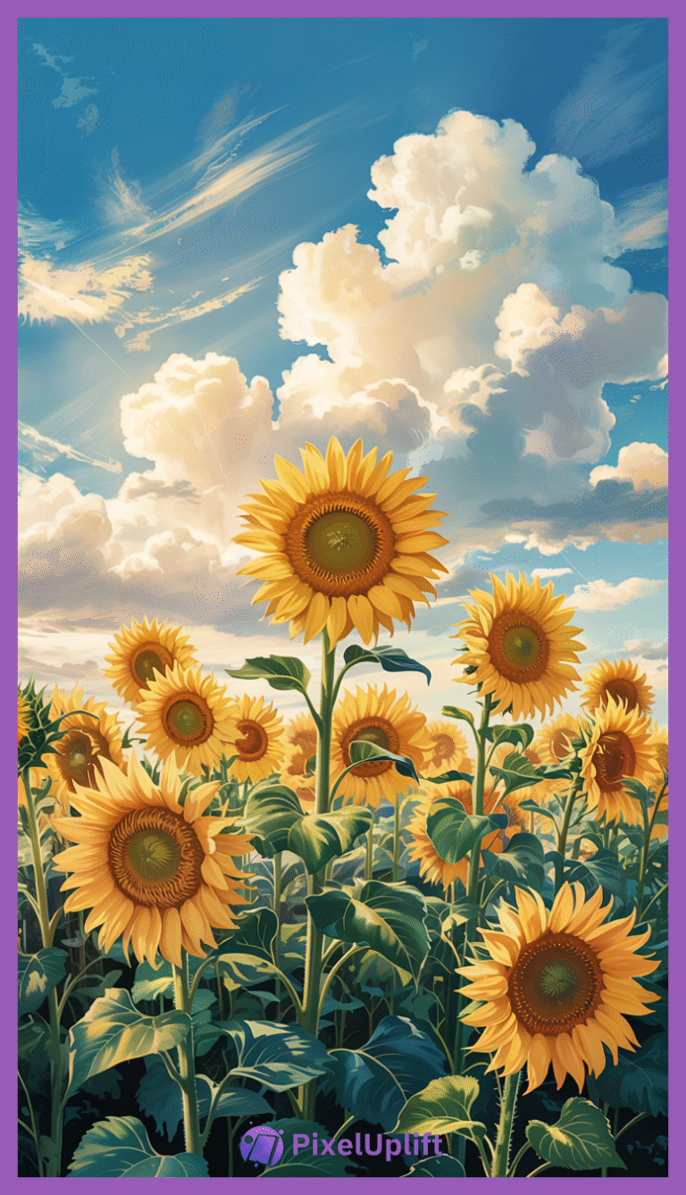 Vibrant sunflower field under a bright blue sky with fluffy clouds featured on phone wallpaper and lockscreen