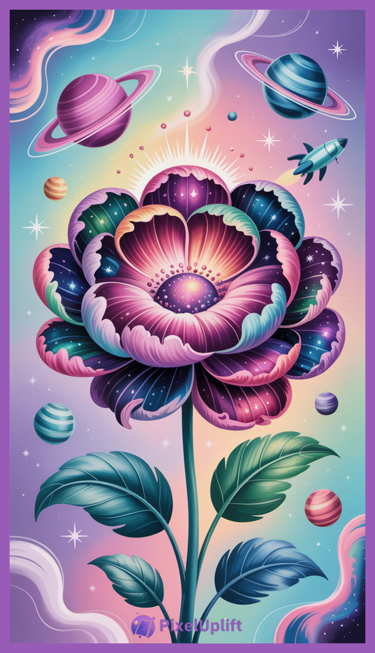 Vibrant surreal digital illustration of a cosmic flower with colorful petals showing starry skies and galaxy patterns surrounded by planets and stars on a pastel gradient background