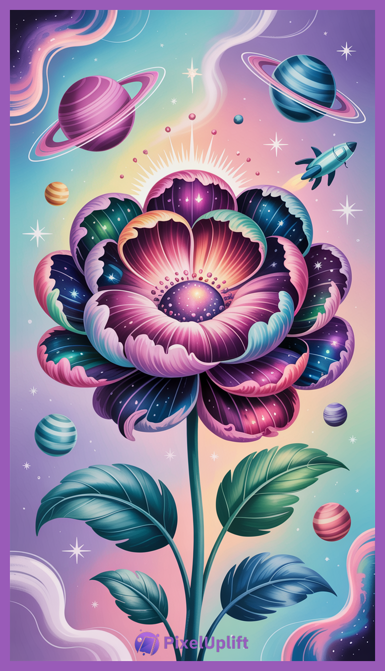 Vibrant surreal digital illustration of a cosmic flower with colorful petals showing starry skies and galaxy patterns surrounded by planets and stars on a pastel gradient background
