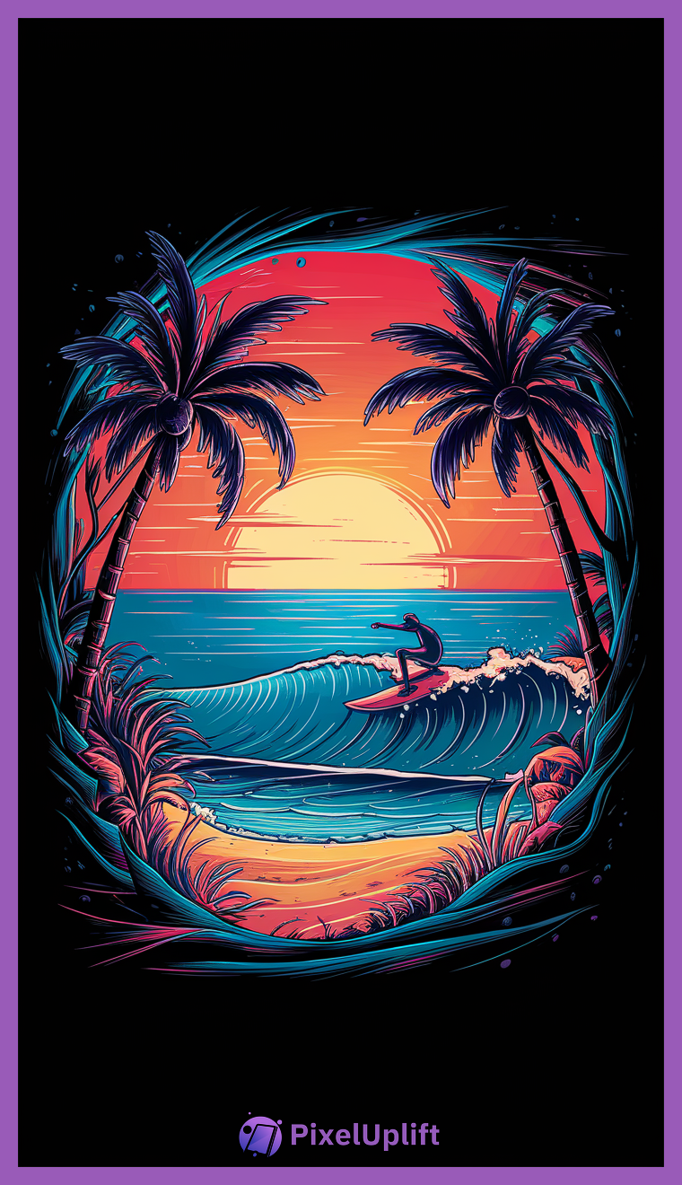 Stylized illustration of a surfer riding a wave at sunset with palm trees and tropical beach