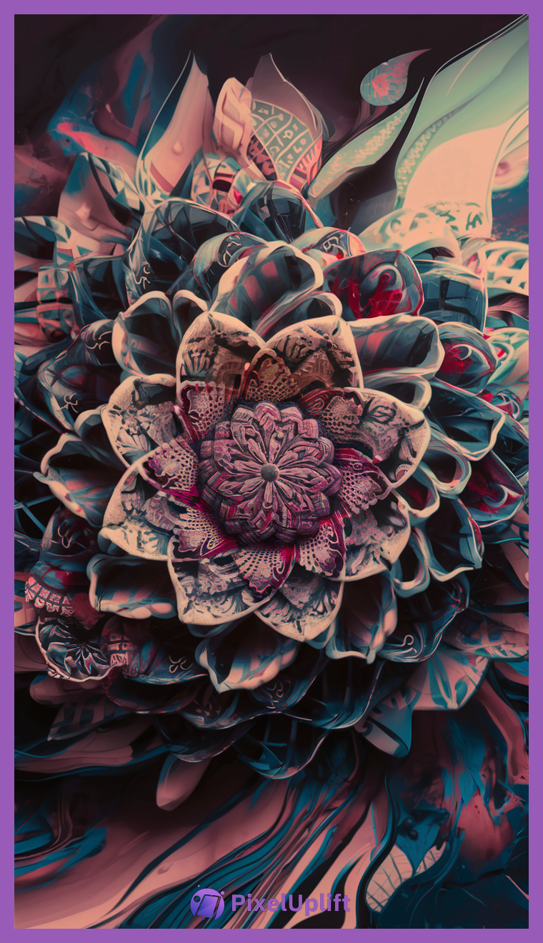 Abstract blooming flower phone wallpaper lockscreen with intricate lace, geometric, and calligraphic petals in dark blue, pink, and purple