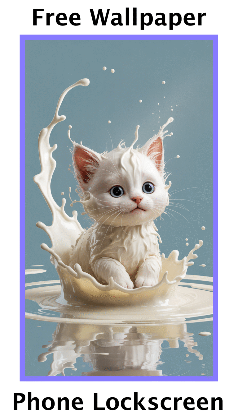 Cute kitten with big blue eyes emerging from creamy milk splash on soft blue background phone wallpaper and lockscreen