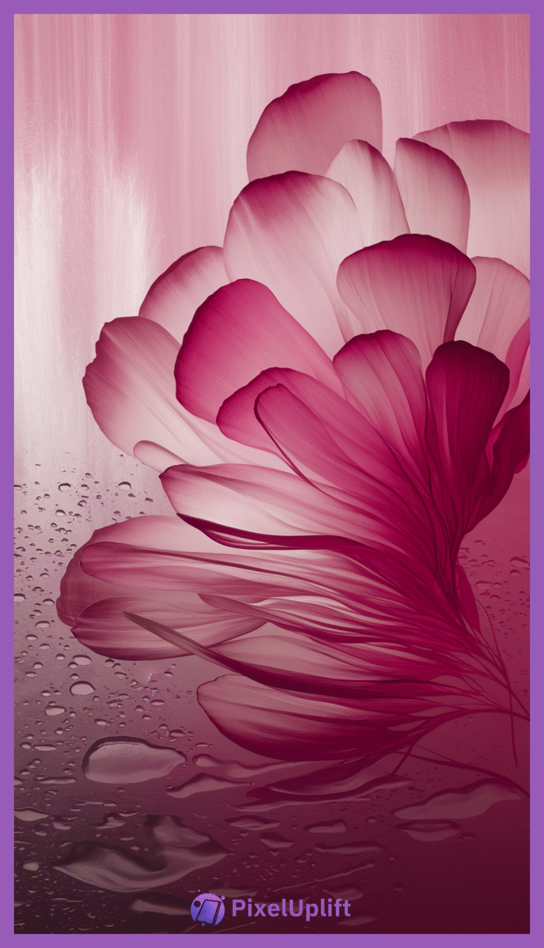 Elegant pink flower phone wallpaper with translucent petals and water droplets on a pink gradient background