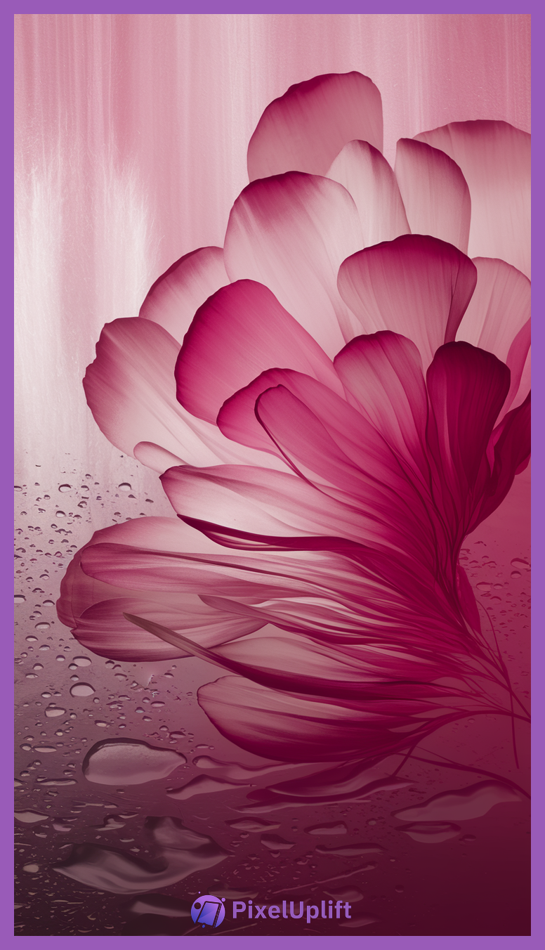 Elegant pink flower phone wallpaper with translucent petals and water droplets on a pink gradient background