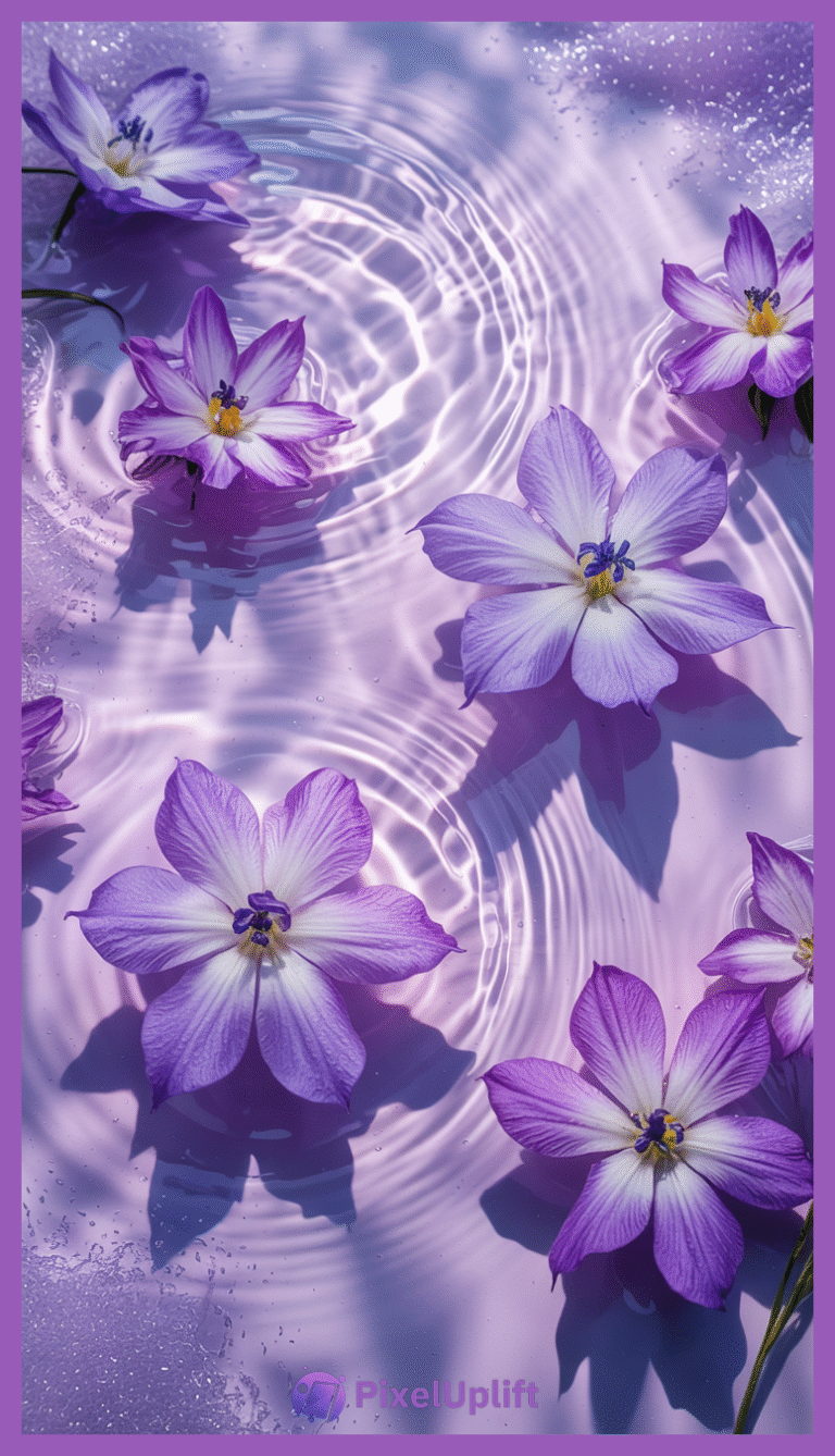 Purple flowers with white centers floating on clear water creating gentle ripples with soft lavender tones