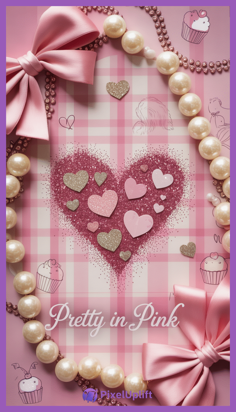 Romantic phone wallpaper featuring a pink glitter heart with smaller pink and gold hearts, pink and white plaid background with cupcake doodles, satin bows and pearl bead accents