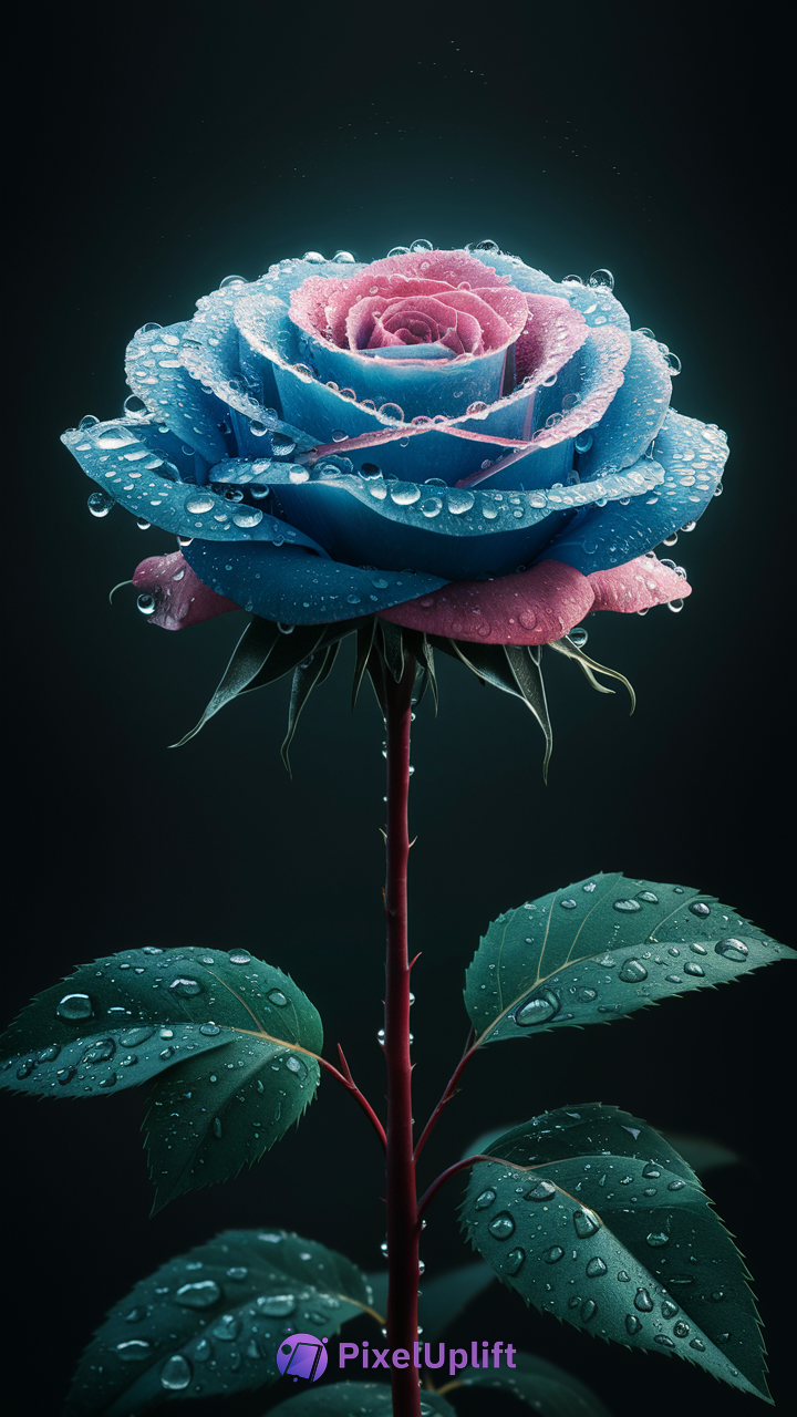 Close-up of a dewy blue and pink rose with water droplets on petals and dark green leaves on dark background