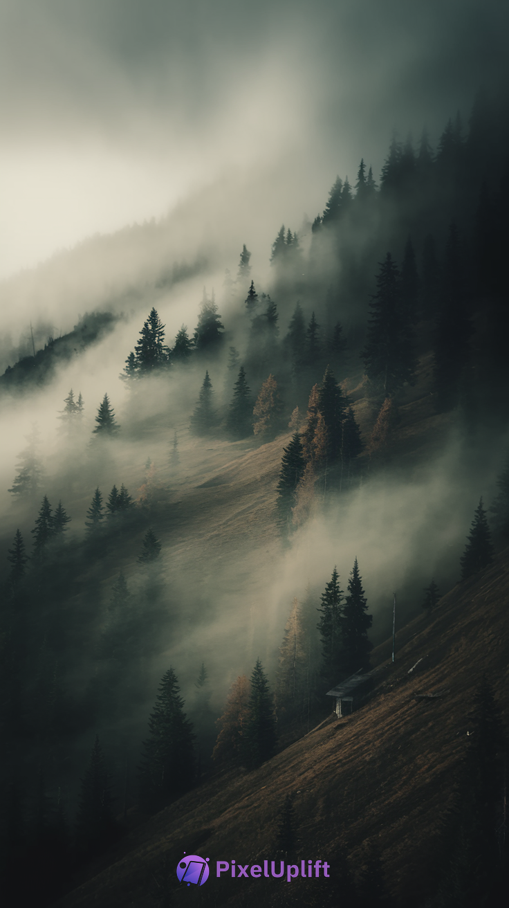 Misty forested mountain slope with dense coniferous trees and a small wooden cabin enveloped in fog