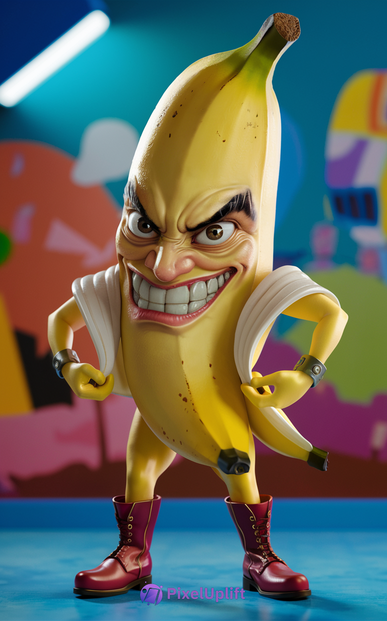 Muscular anthropomorphic banana character with red boots and black wristbands on colorful graffiti background phone wallpaper