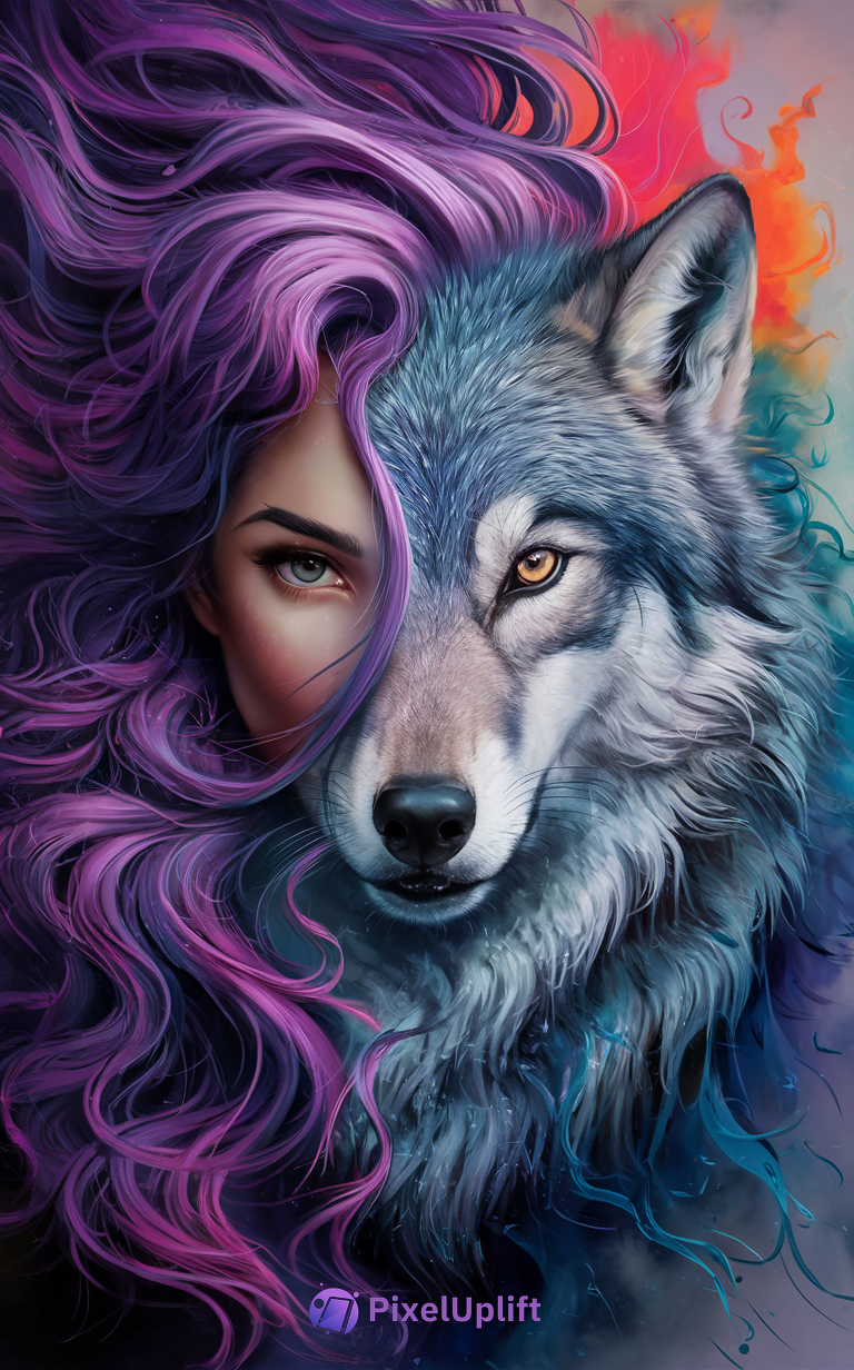 Phone wallpaper showing a mystical digital artwork merging a woman's face with a wolf's face featuring vibrant purple, pink, and golden hues