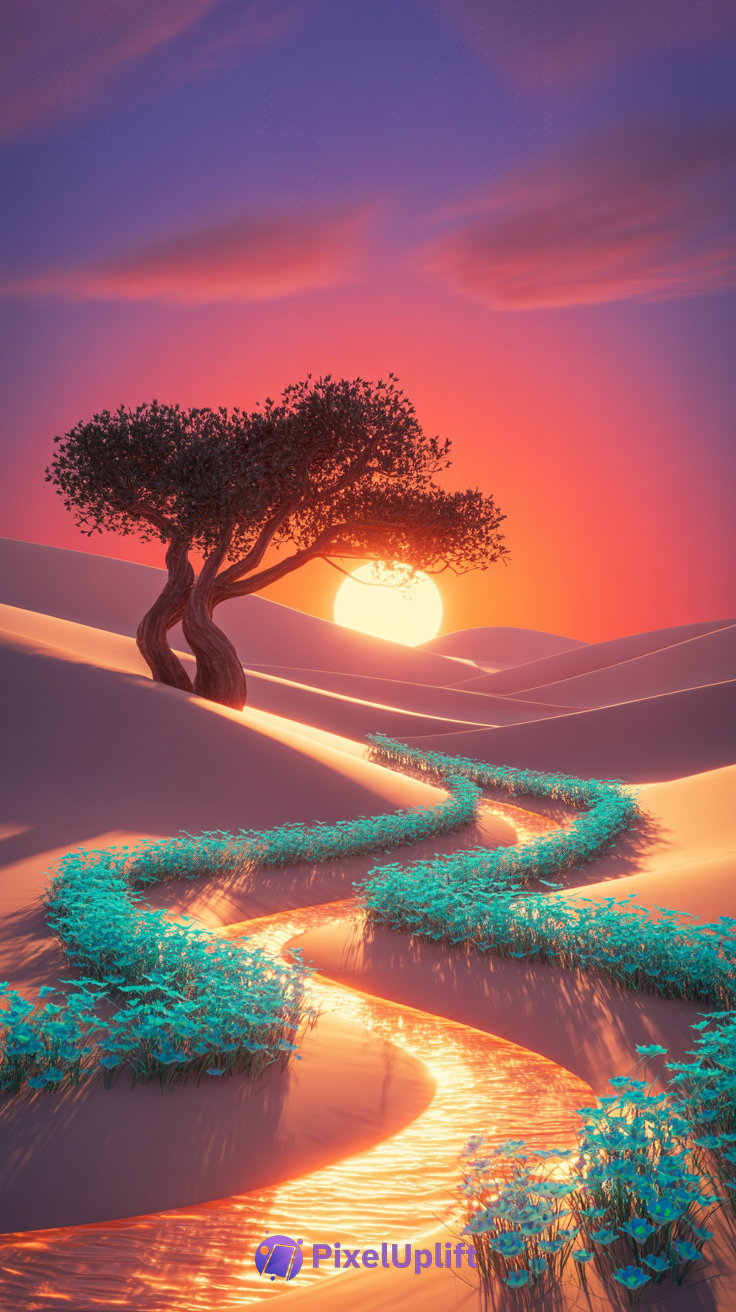 Surreal desert scene at sunset with golden reflective stream and turquoise plants on sandy dunes with purple and pink sky